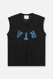 V-NECK SLEEVELESS MESH TEE | BLACK UPSIDE DOWN LOGO