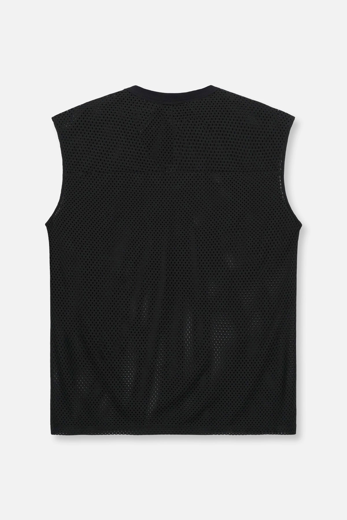 V-NECK SLEEVELESS MESH TEE | BLACK UPSIDE DOWN LOGO
