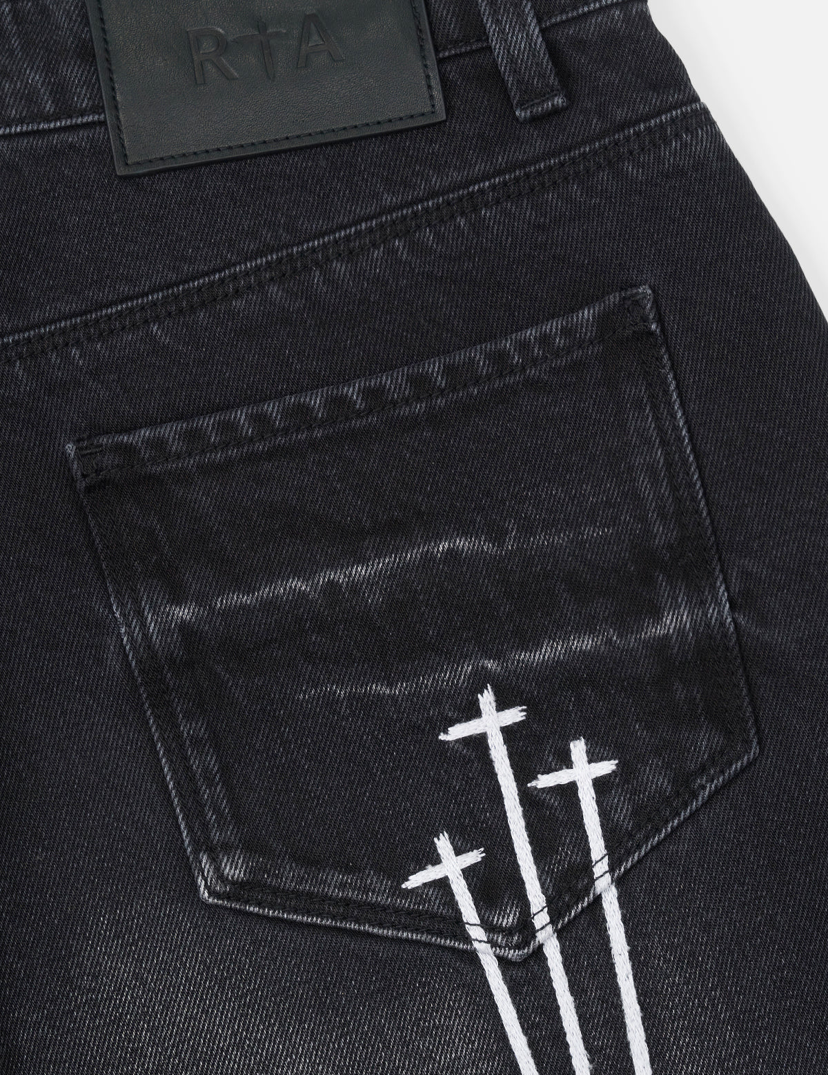 Triple Cross Motif Detail on Black Denim Back Pocket | RTA