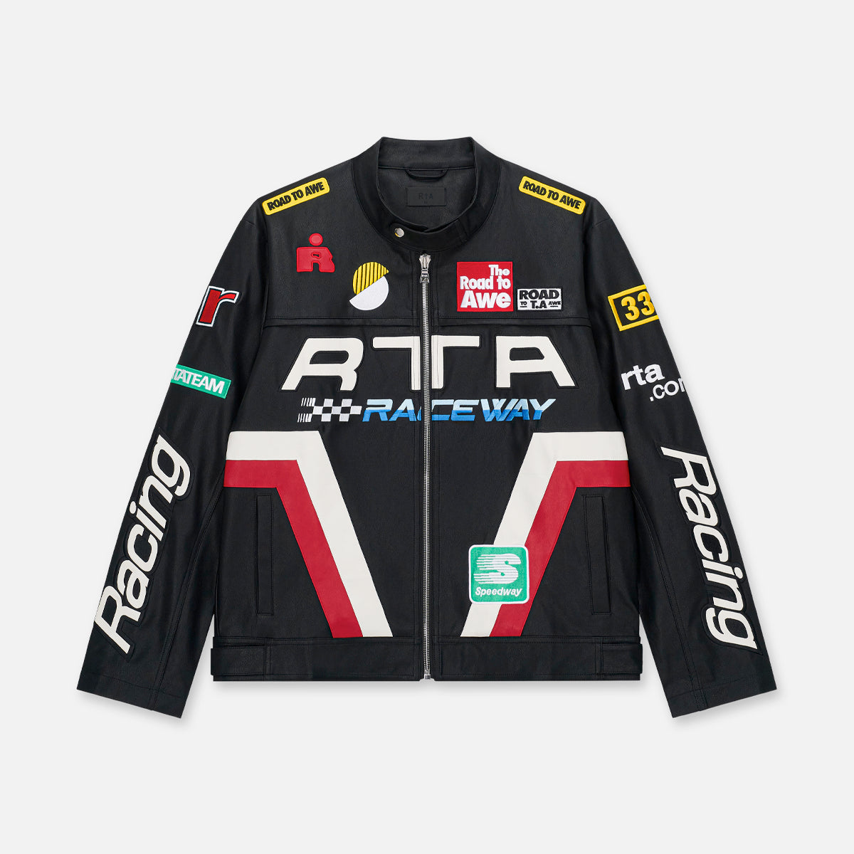 Black Faux Leather Kalix Moto Jacket with Racing Patches - Front View | RTA