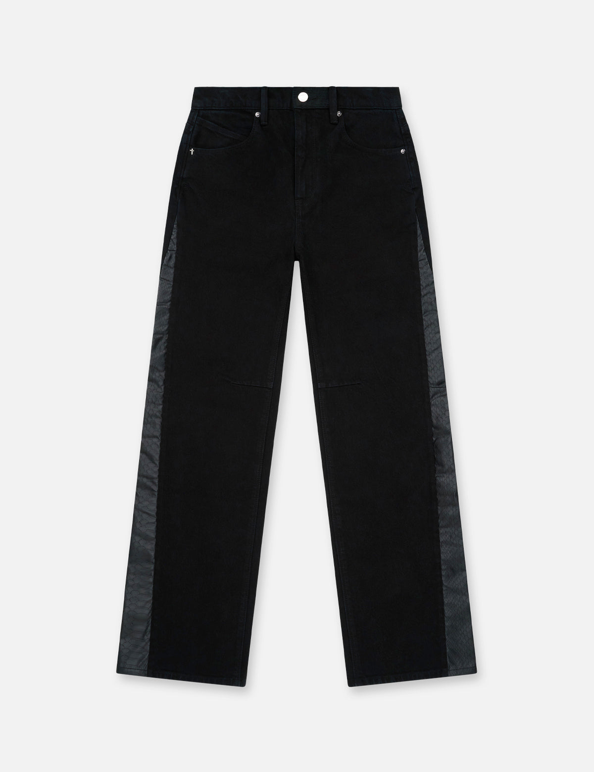 Black Denim Straight Leg Jeans with Snake Print Panels - Front View | RTA