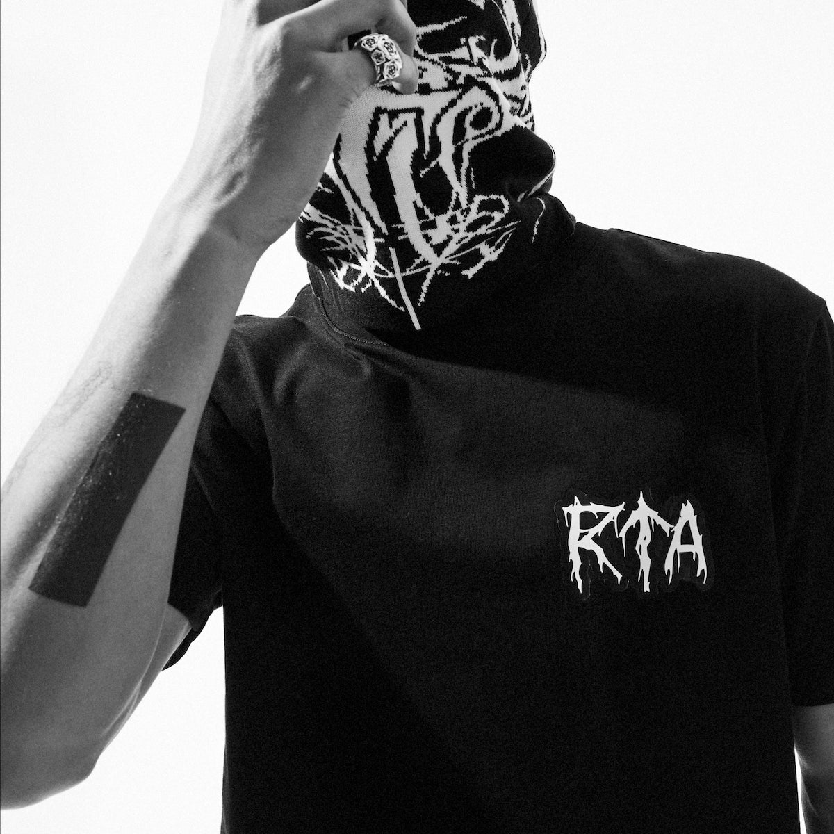 Black White Cyber Sigilism Ski Mask - On Model Lifestyle Shot | RTA