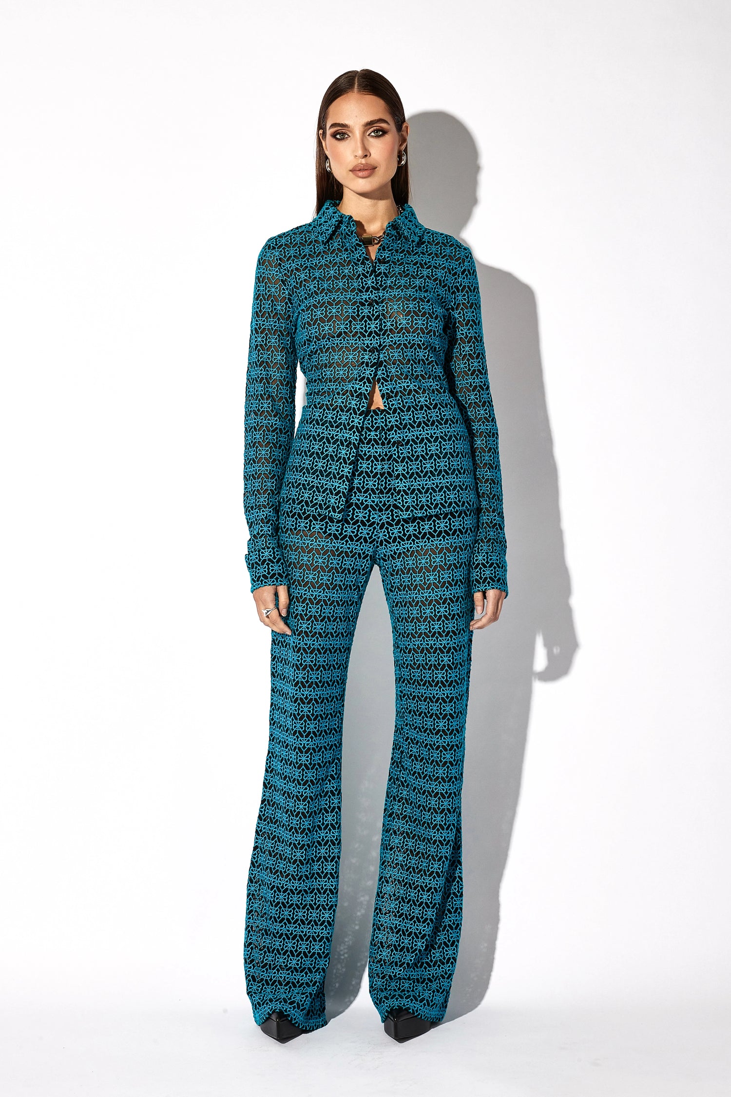 EMBROIDERED FLARE PANT | TEAL