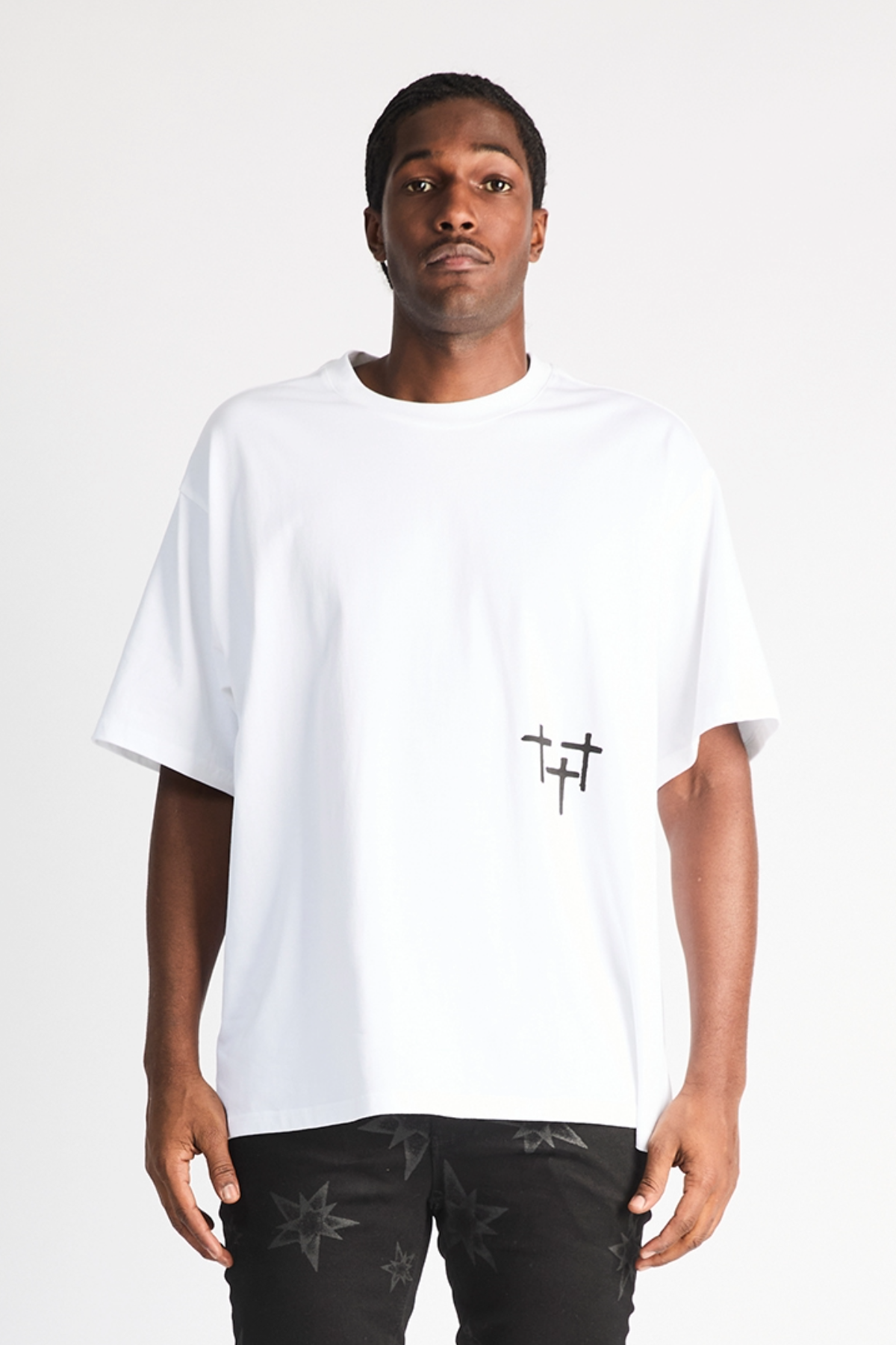 White Cotton Colin Oversized Tee - Male Model Front Styled | RTA