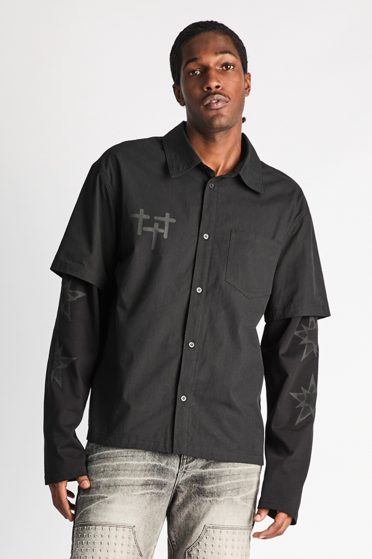 Black Erik Double Layered Shirt with Cross Star Graphics - On Model Front | RTA