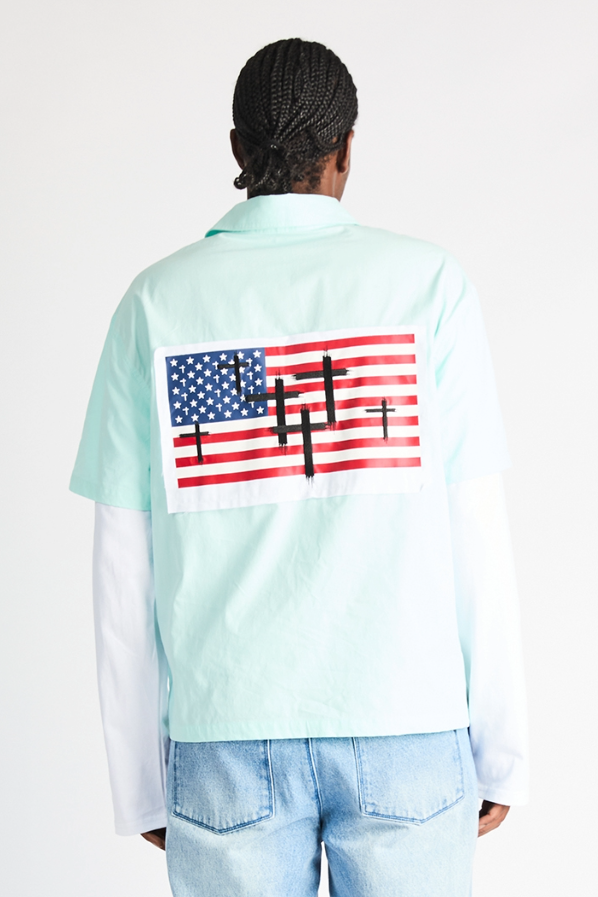 Light Blue Cotton Erik Double Layer Shirt with American Flag Cross Print - Back View On Model | RTA
