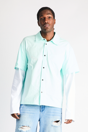 Light Blue Cotton Erik Double Layer Shirt with Layered Sleeves - Front View On Model | RTA