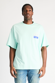 Turquoise Cotton Colin Oversized Tee with Stacked Logo - On Model Front View | RTA