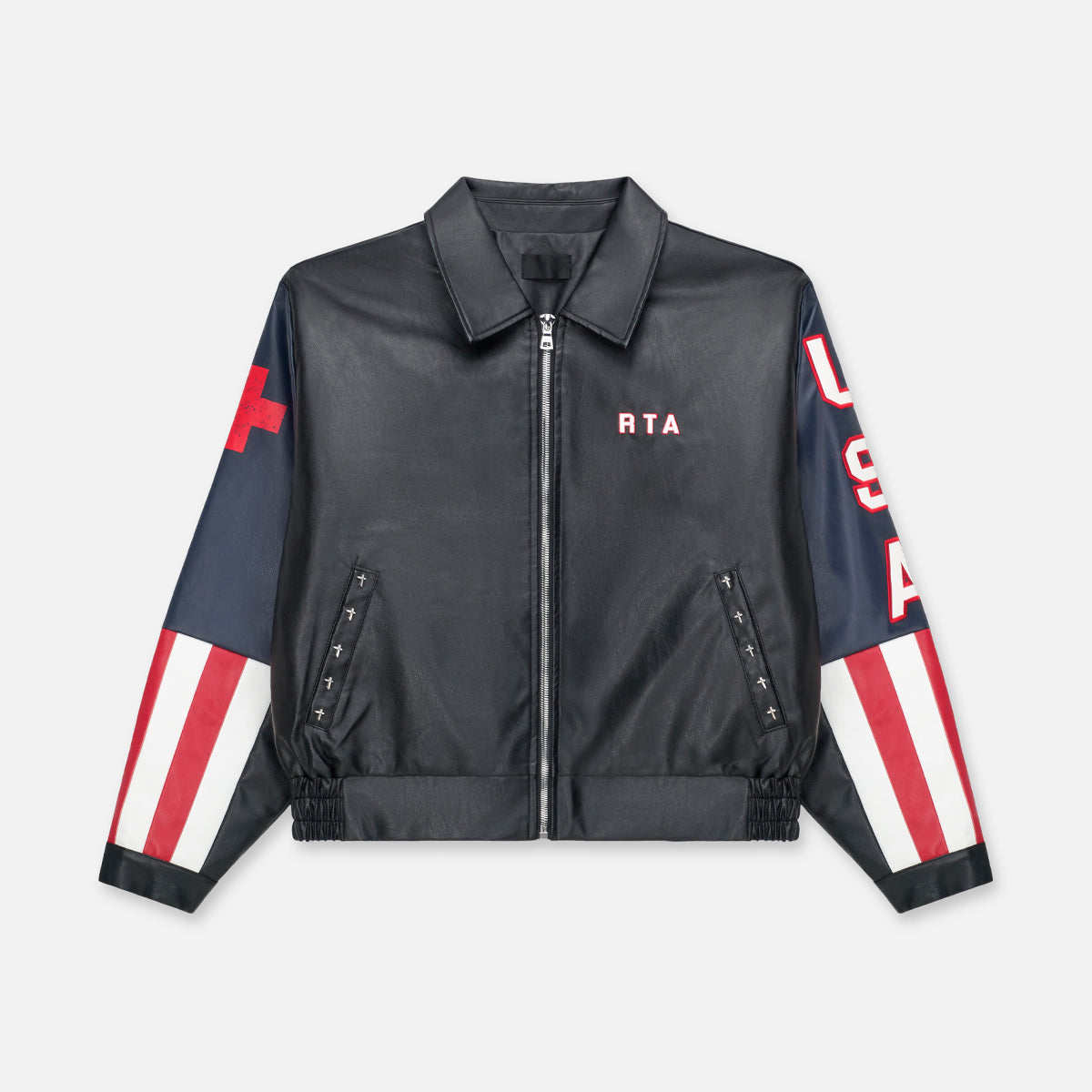 Black Faux Leather Aven Bomber Jacket with USA Graphics - Flat Lay Front View | RTA