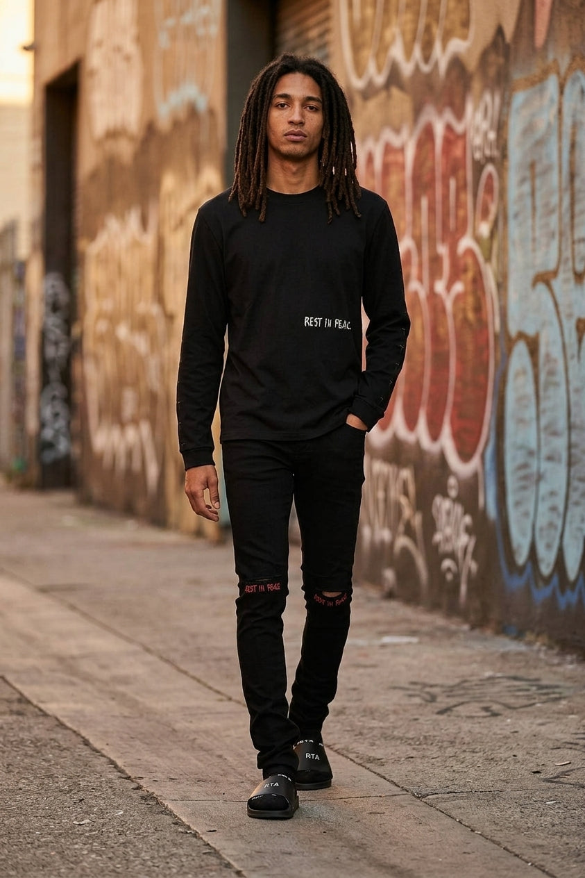 BRYANT RIPPED SKINNY JEAN | BLACK RED REST IN PEACE