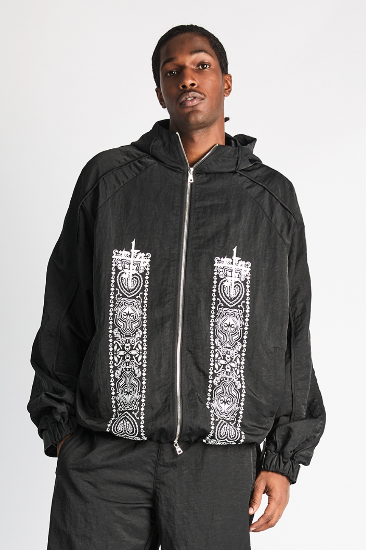 Black Paisley Zayden Windbreaker - Front View On Model | RtA