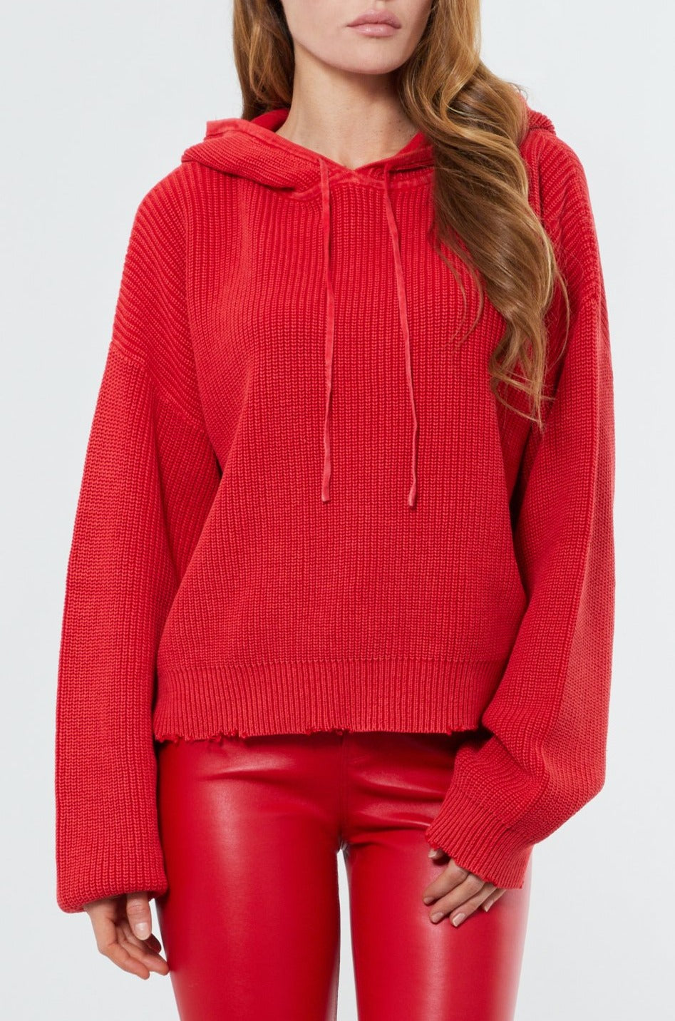 Red Cotton Mesh Pullover Hoodie