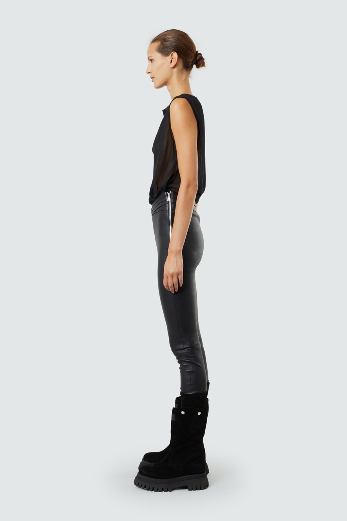Black Leather Leggings with Pleated Waistband
